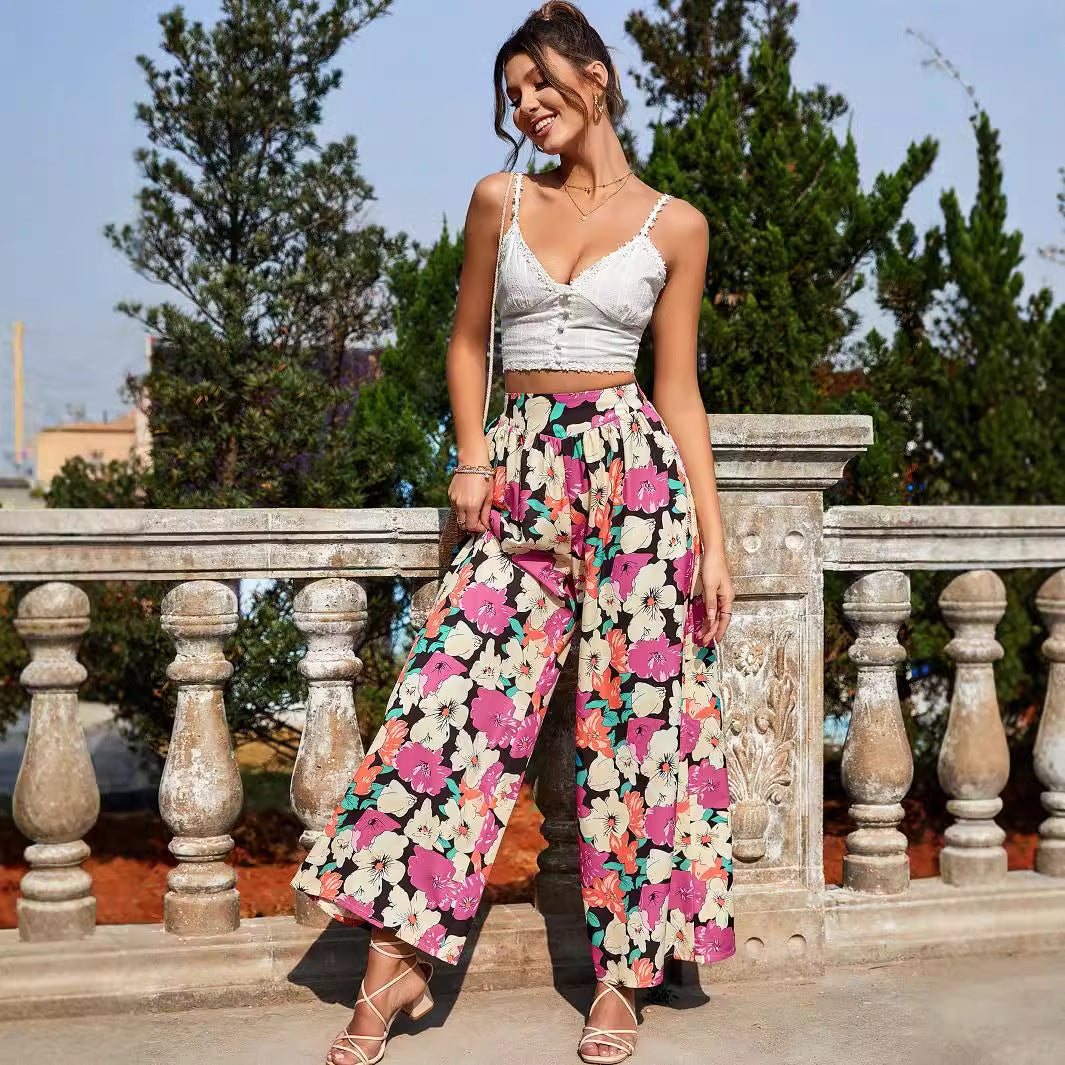 Damen luftige Palazzo-Hose mit buntem Blumenmuster und elastischem Taillenbund Drune