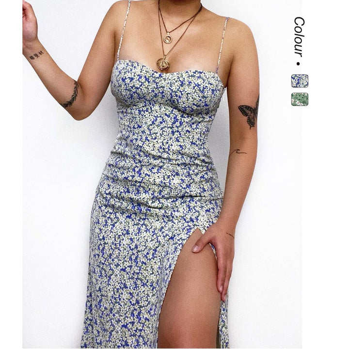 Damen Figurbetontes Maxikleid mit seitlichem Schlitz und Spaghettiträgern Drune