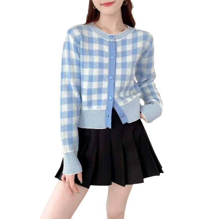 Damen Karierte Strickjacke mit Rundhalsausschnitt und Knopfverschluss Drune