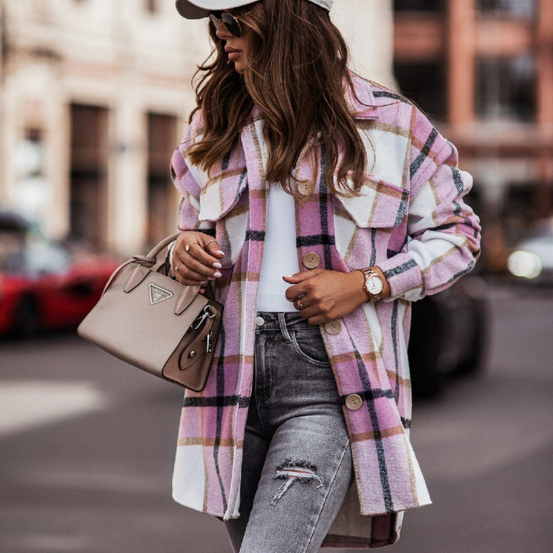 Damen Oversized Blazerjacke im karierten Design mit praktischen Taschen und Knopfdetails Drune