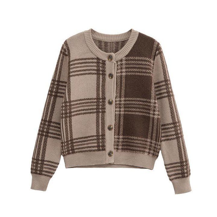 Damen Karierte Strickjacke mit Knopfverschluss und gerafften Ärmeln Drune