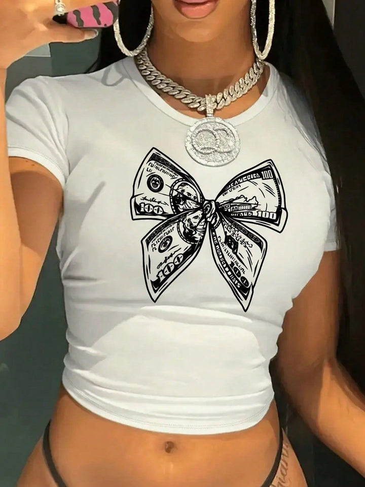 Damen Crop-Top mit kreativem Finanzmotiv und figurbetontem Schnitt Drune