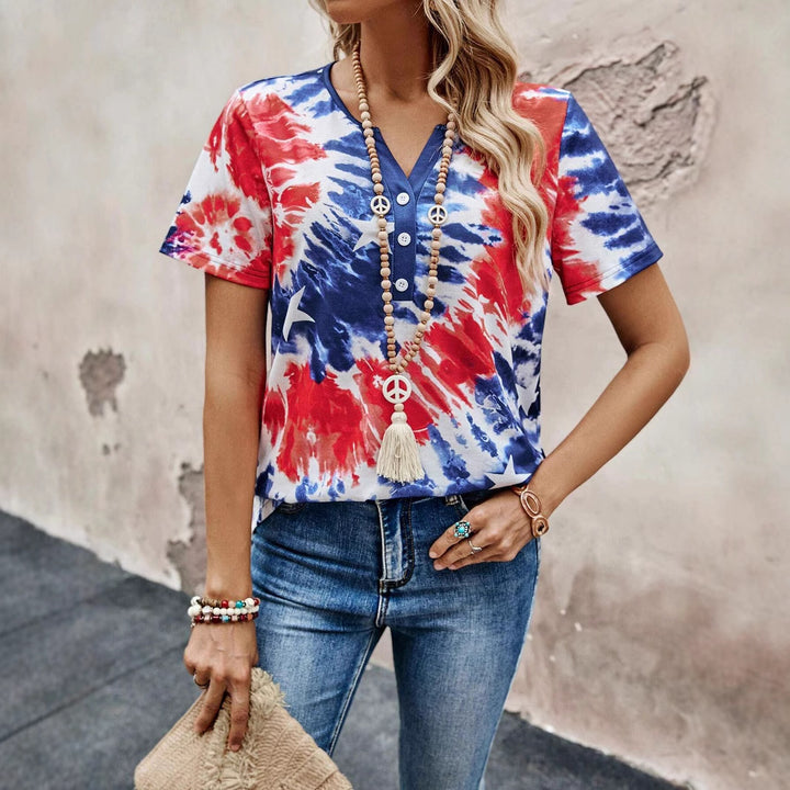 Damen Knopf-Detail T-Shirt mit Batikmuster Drune