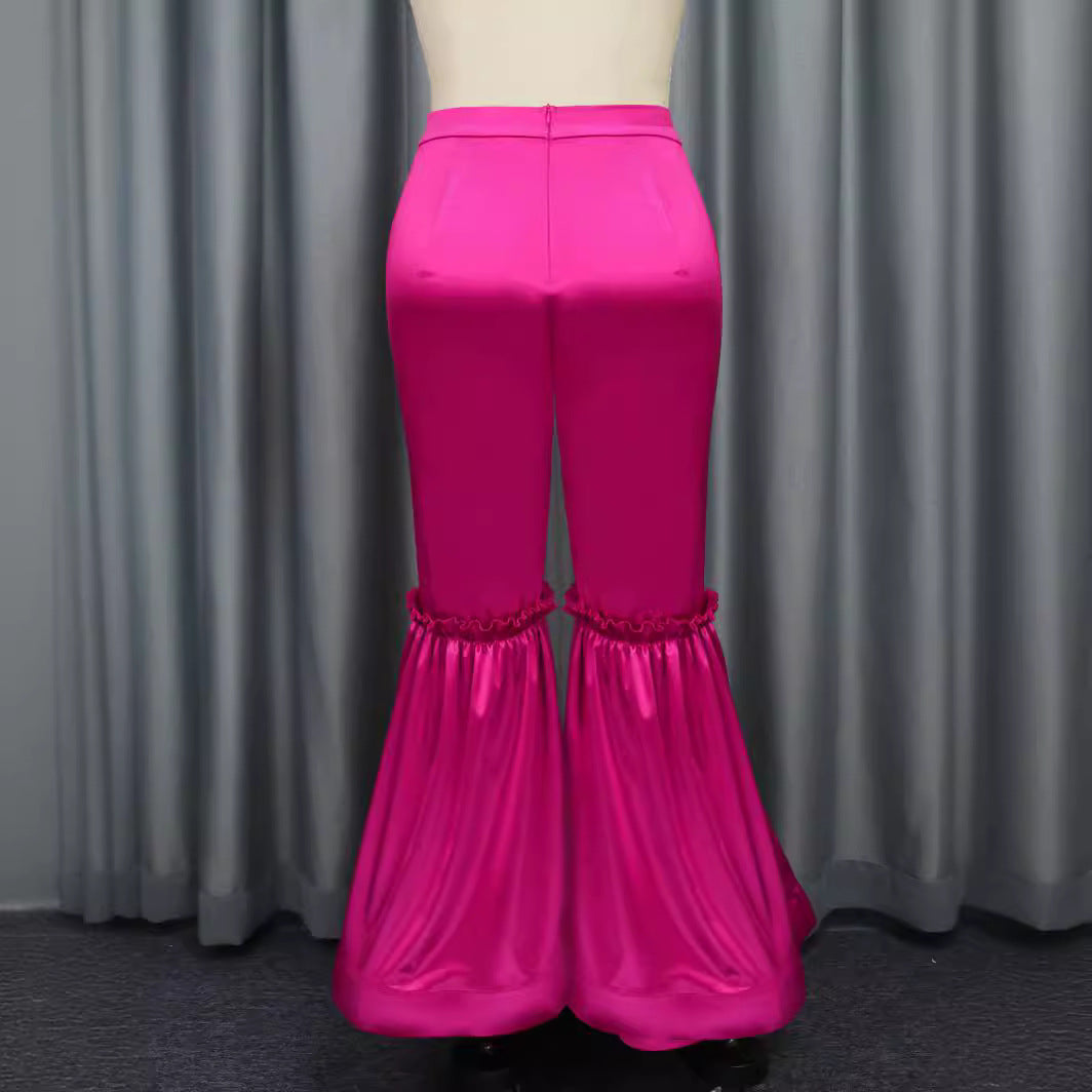 Damen elegante Hose mit voluminösen Rüschen und Satin-Details Drune