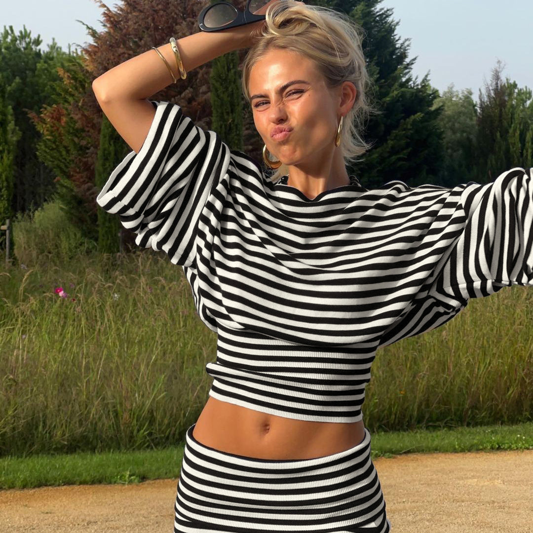 Damen nan gestreiftes Cut-Out-Longsleeve mit weitem Arm und taillierter Schichtung Drune