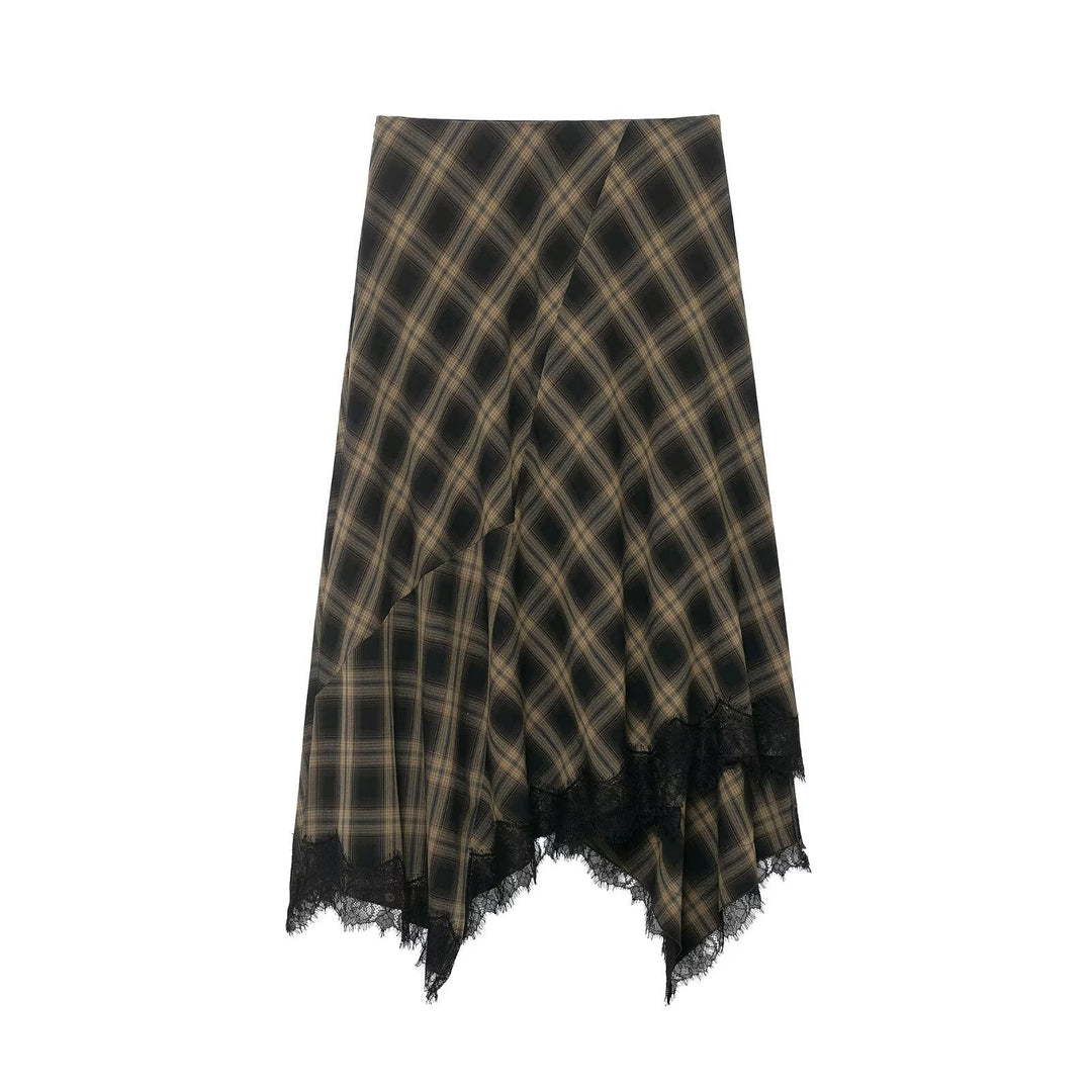 Damen Wickelrock mit eleganter Spitze und modernem Karomuster Drune