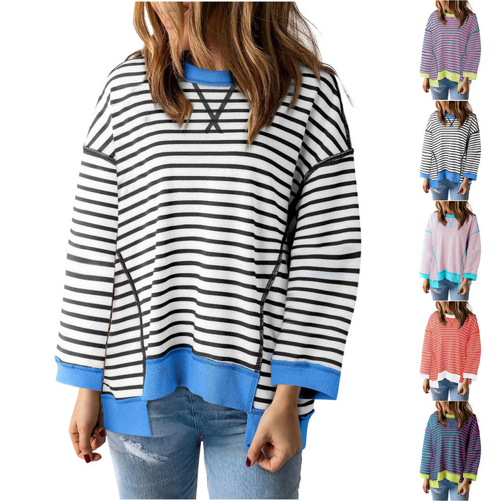 Damen nan oversized gestreifter Sweatshirtpullover mit kontrastsaum, überschnittener Schulter und seitlichen Schlitzen Drune
