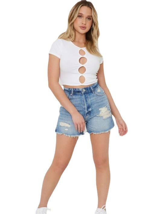 Damen lässige Denim-Shorts mit hohem Bund und ausgefranstem Saum Drune