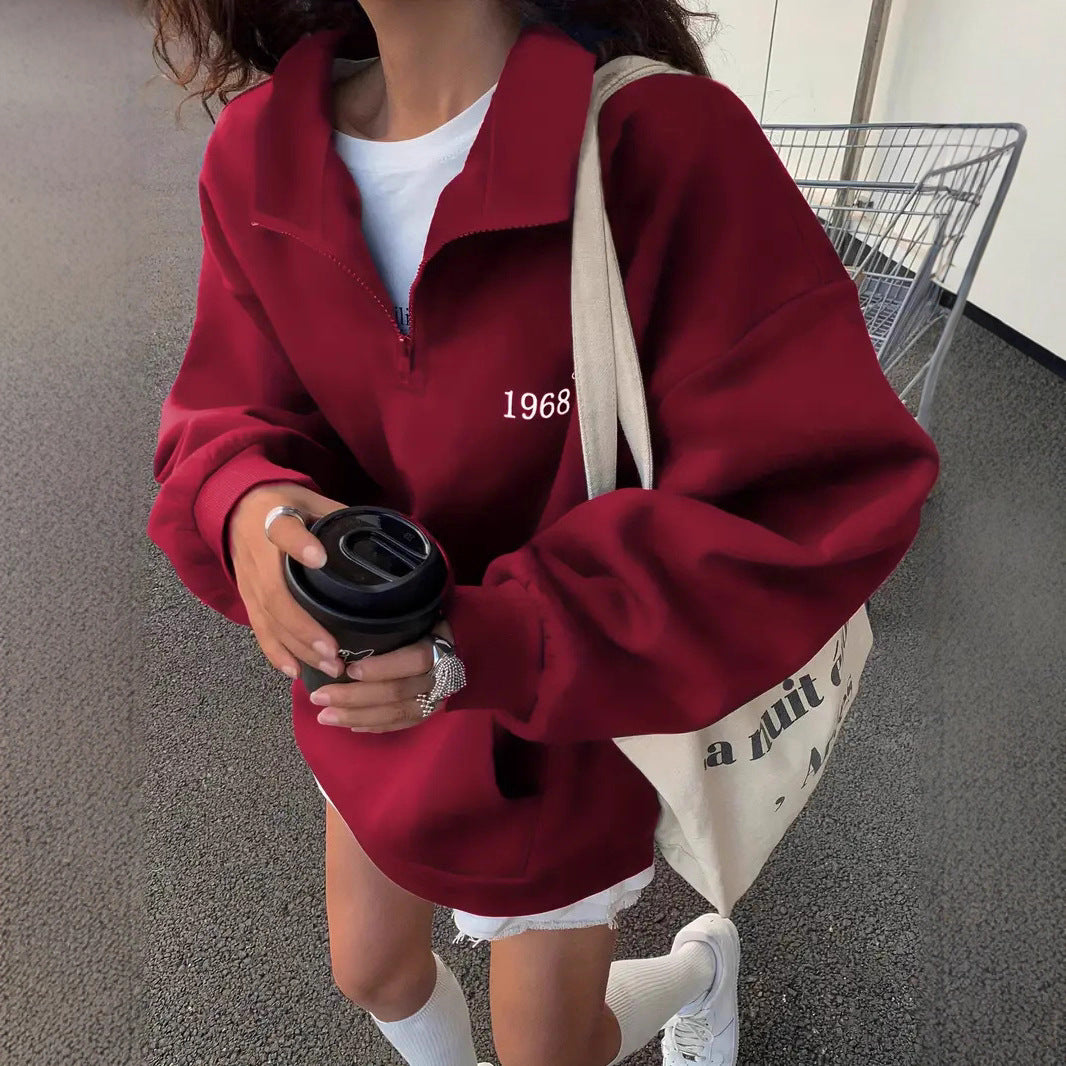 Damen nan oversized Halbzip-Sweatshirt mit hohem Stehkragen, Kängurutasche und lässigem Oversize-Schnitt Drune