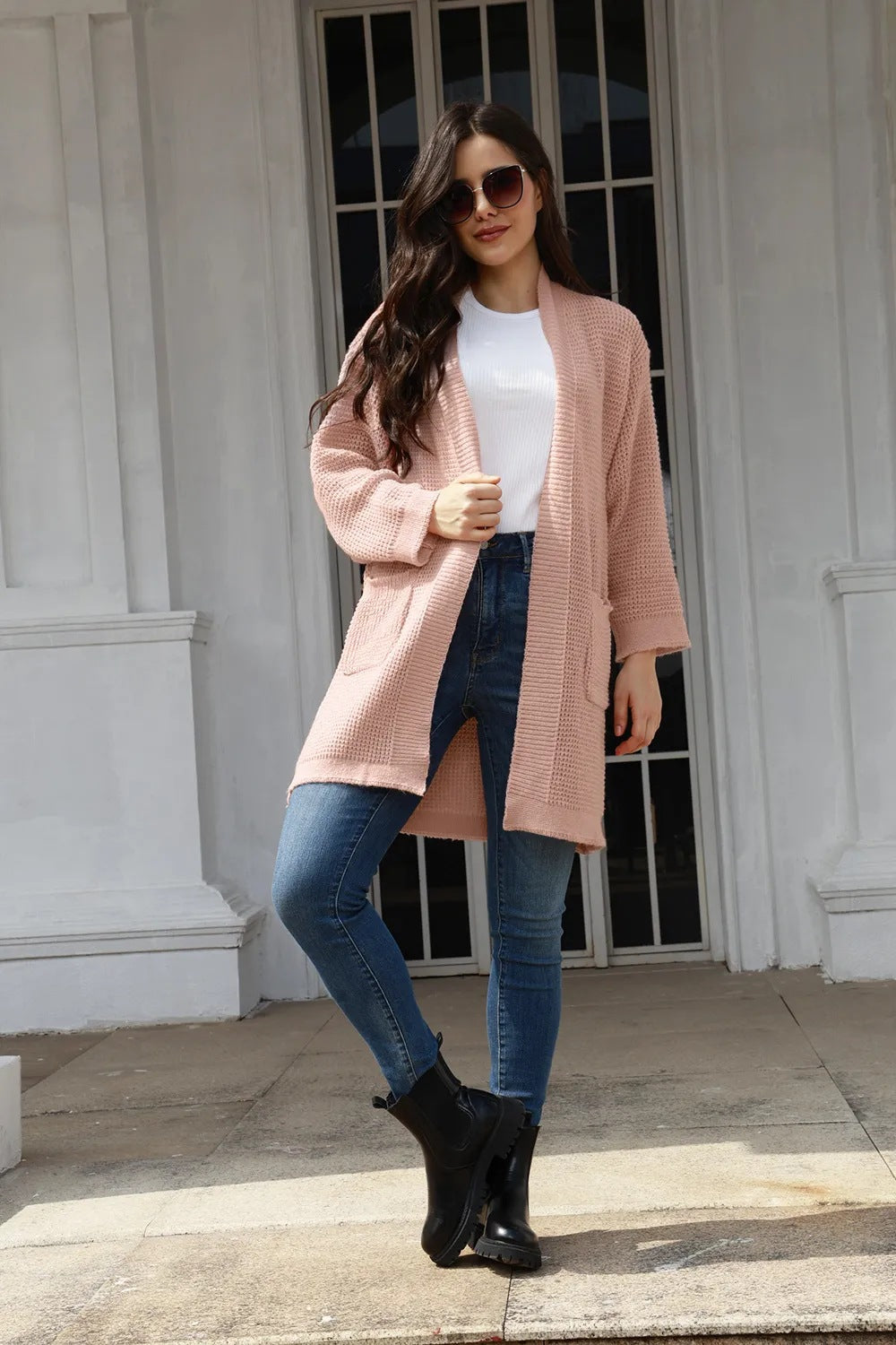 Damen lässiger Strickcardigan mit praktischen Taschen und offener Front Drune