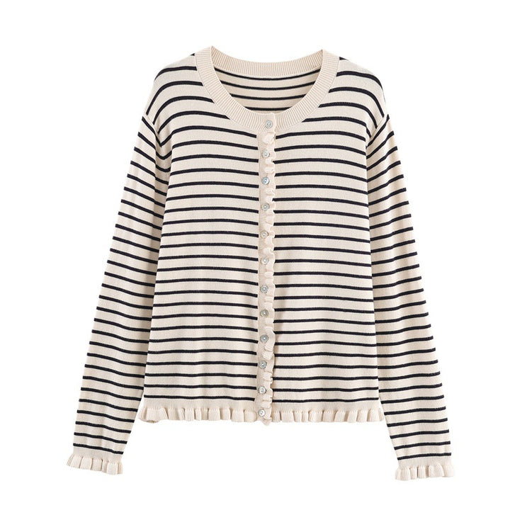 Damen modische gestreifte Strickjacke mit Rüschensaum und Knopfdetails Drune