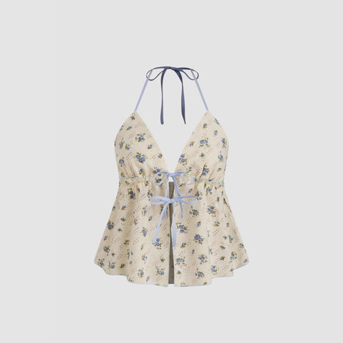 Damen luftiges Blusenshirt mit floralem Print und verstellbarem Kordelzug Drune