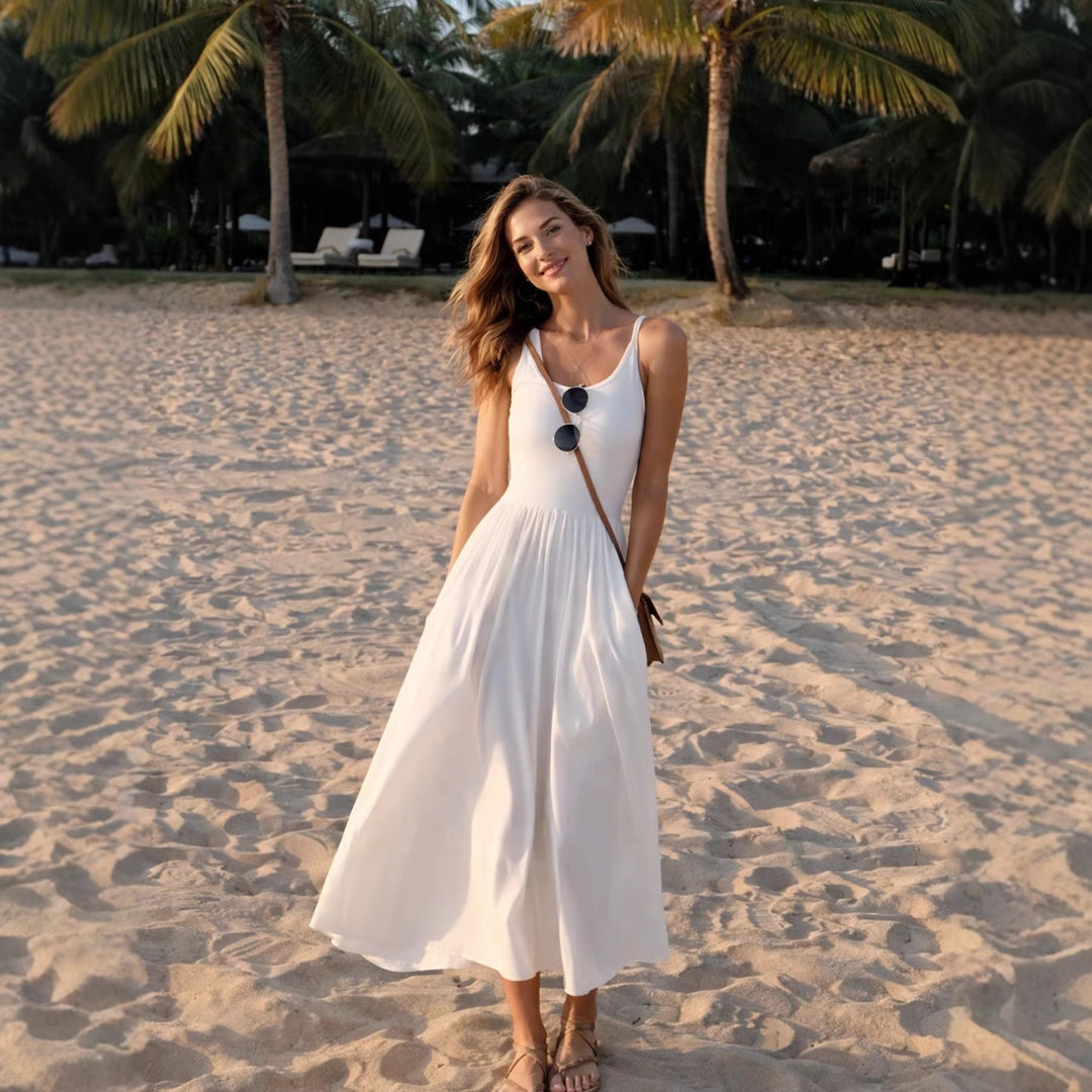 Damen Elegantes Maxikleid mit spaghetti Trägern und fließendem Rock Drune