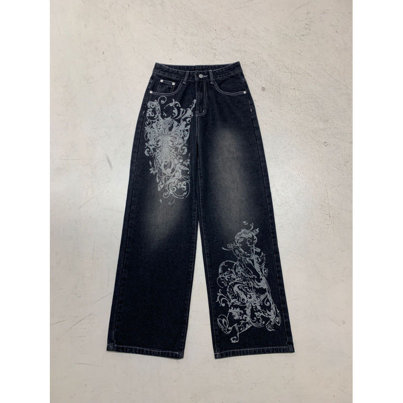 Damen Weite Denim-Hose mit auffälligem grafischem Druck Drune