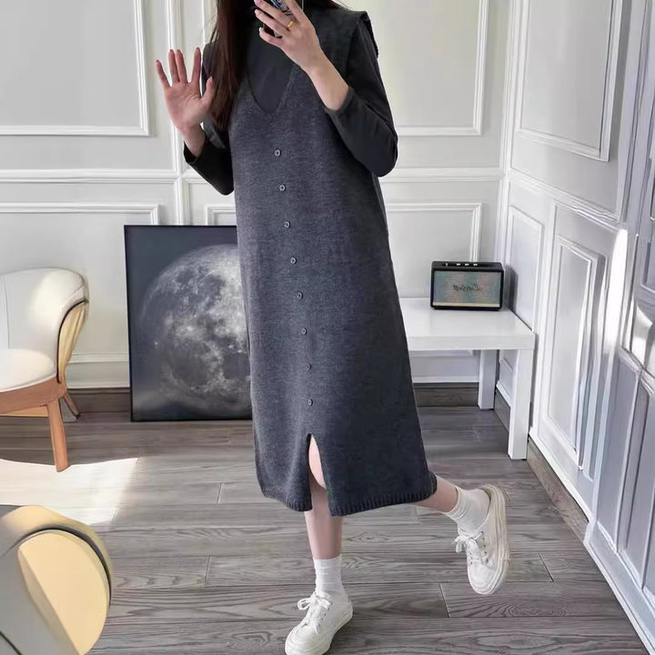 Damen Knielanges Strickkleid mit Knopfleiste und V-Ausschnitt Drune