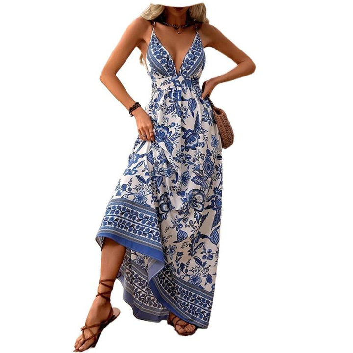 Damen Maxikleid mit tiefem V-Ausschnitt und floralen Mustern Drune