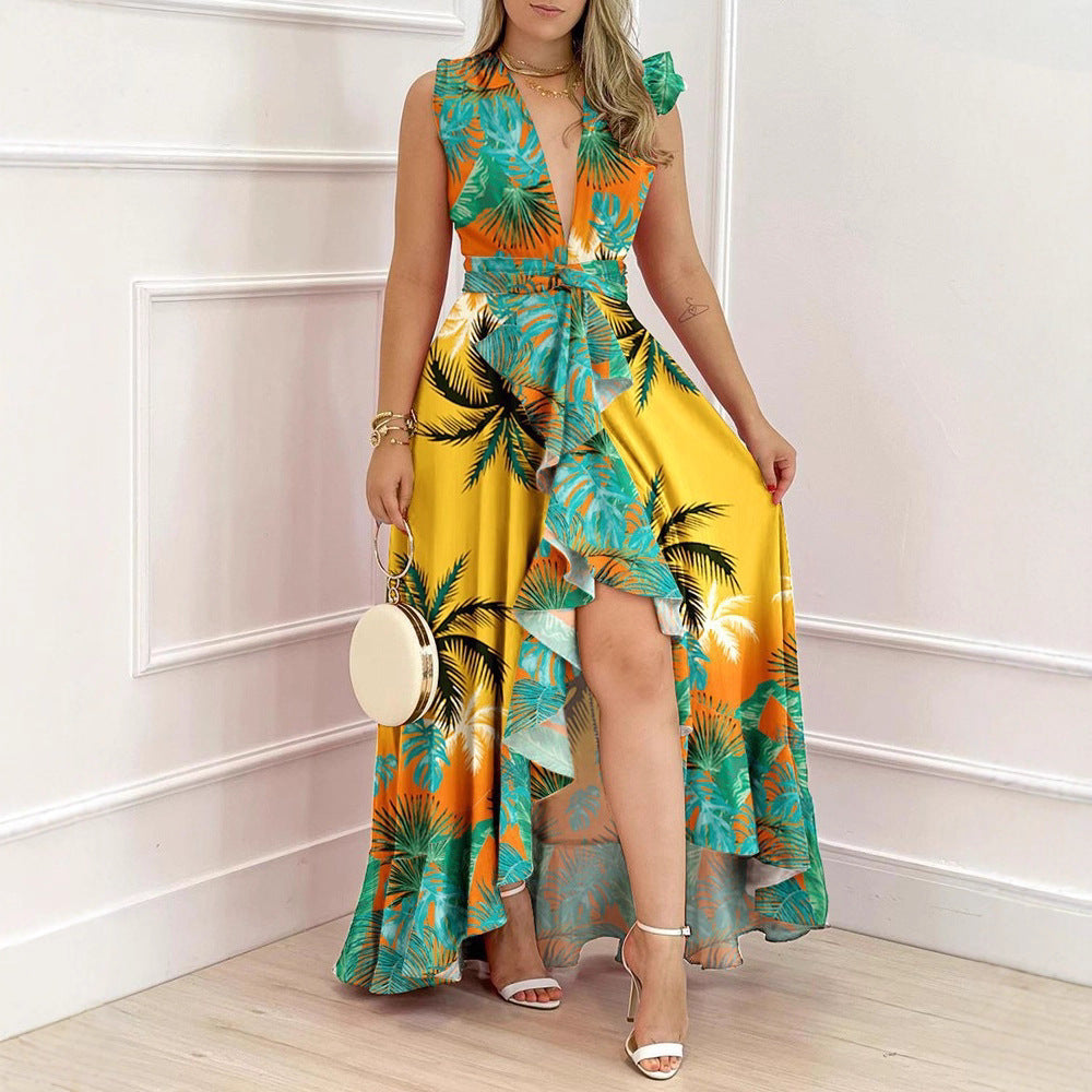 Damen Maxi-Kleid mit tiefem V-Ausschnitt und asymmetrischem Rock Drune