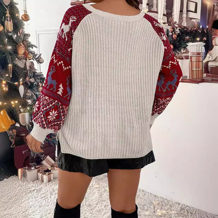 Damen V-Ausschnitt Strickpullover mit festlichem Muster und lässigen Ballonärmeln Drune