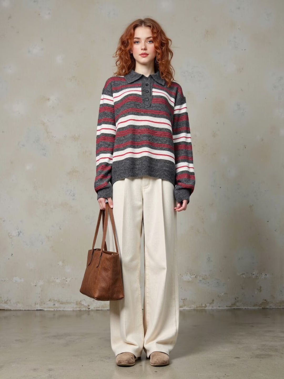 Damen modischer Strickpullover mit Polokragen und Streifenmuster Drune