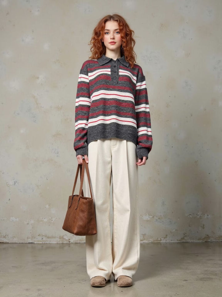 Damen modischer Strickpullover mit Polokragen und Streifenmuster Drune