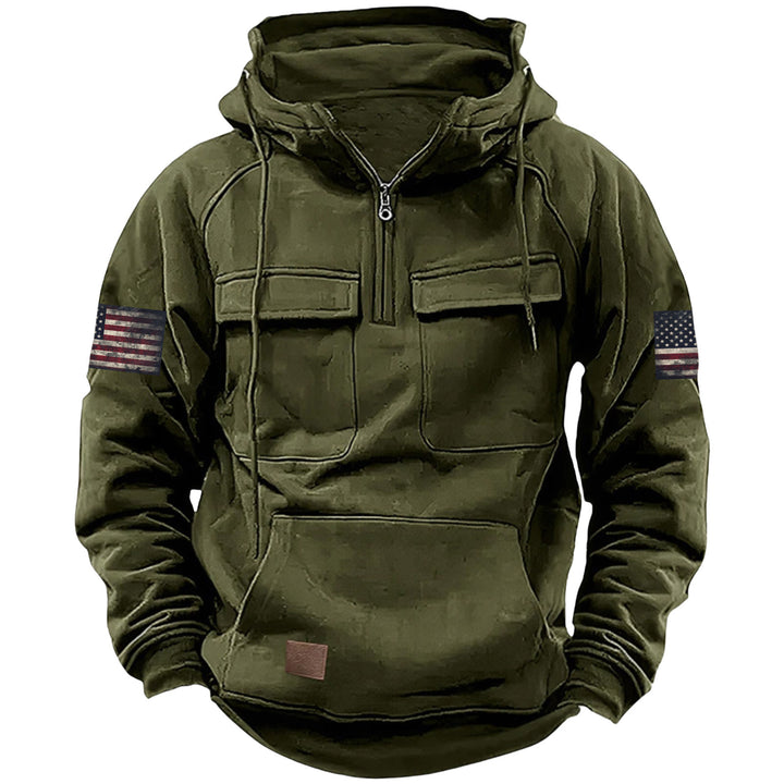 Herren nan Kapuzenpullover mit Halbzip, Cargo-Brusttaschen und Kängurutasche Drune