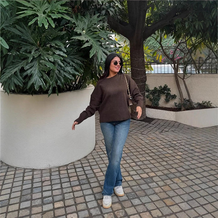 Damen Bequemer Oversized Crewneck Pullover Drune