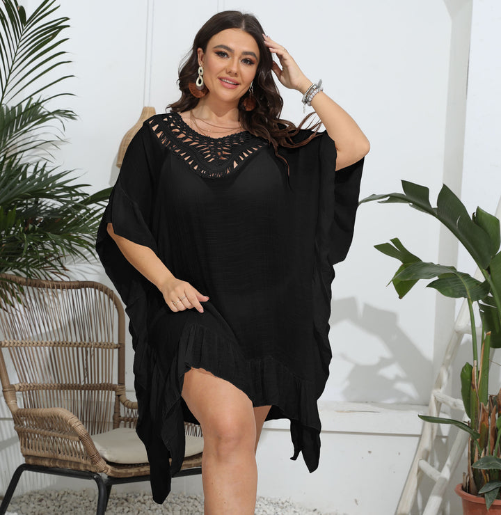 Damen luftiger Strandponcho mit gehäkeltem Ausschnitt Drune
