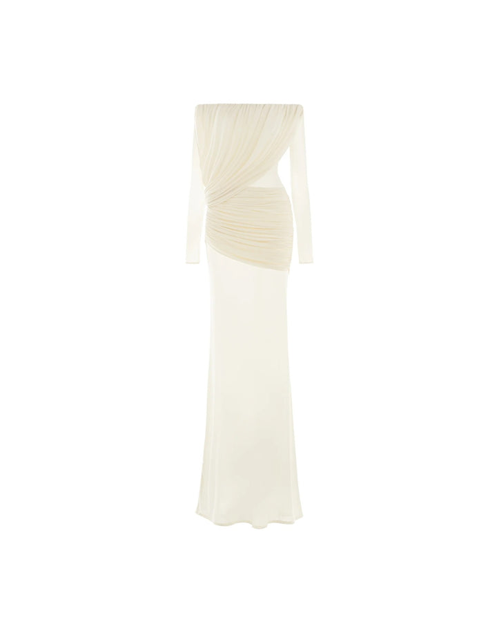 Damen Langarm Maxikleid mit Drapier-Design und schulterfreiem Ausschnitt Drune