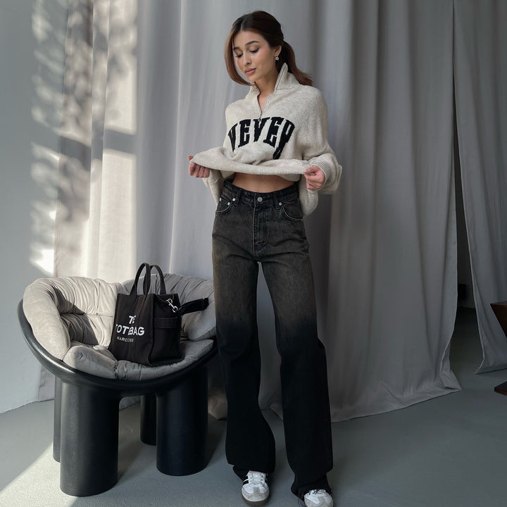 Damen lässiger Strickpullover mit halbem Reißverschluss und Statement-Print Drune