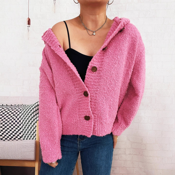 Damen Kuschelige Strickjacke mit Kapuze und Knopfdetails Drune
