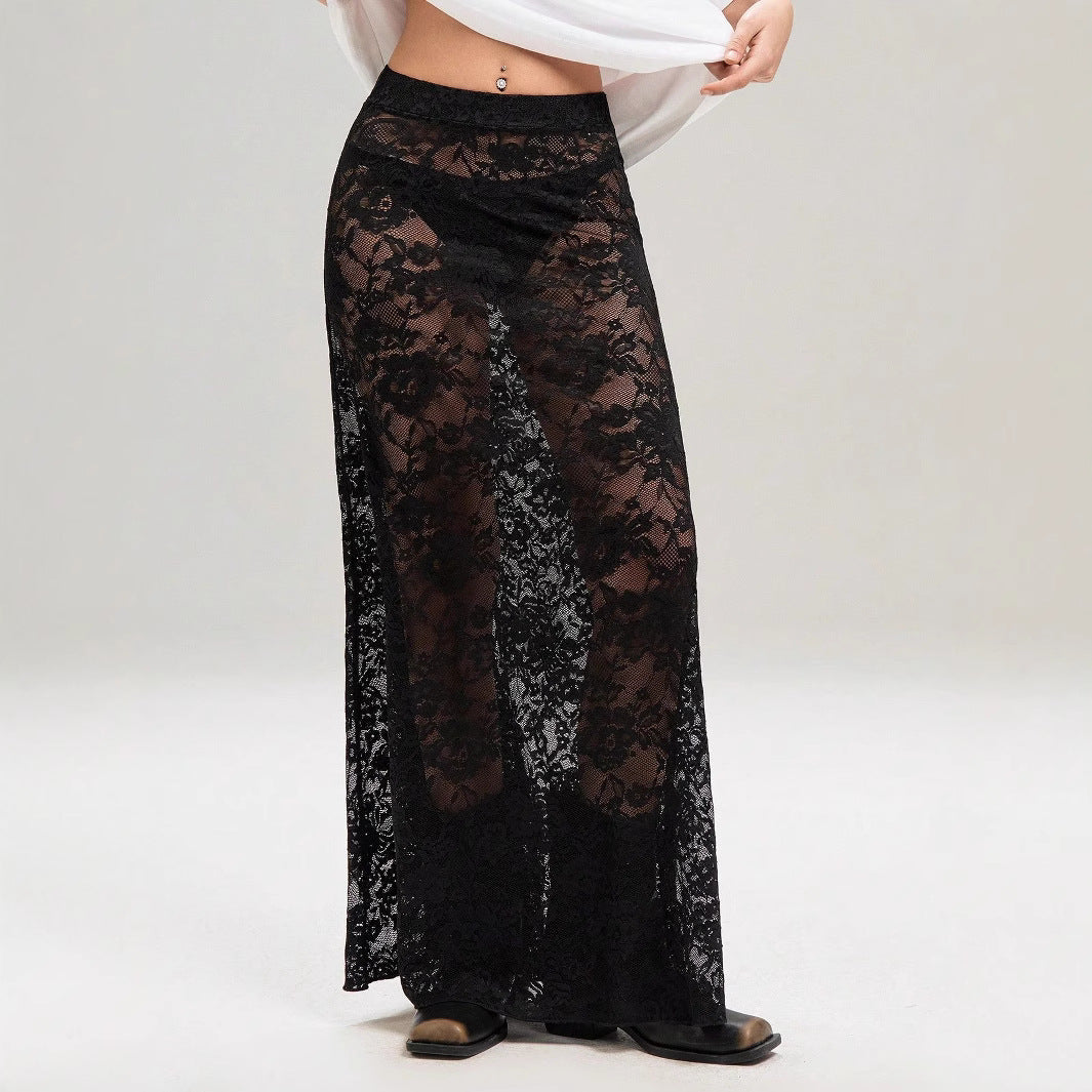 Damen Maxirock aus eleganter Spitze mit hohem Schlitz und voluminösem Schnitt Drune