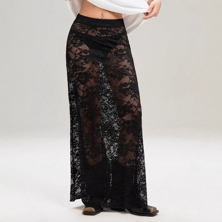 Damen Maxirock aus eleganter Spitze mit hohem Schlitz und voluminösem Schnitt Drune