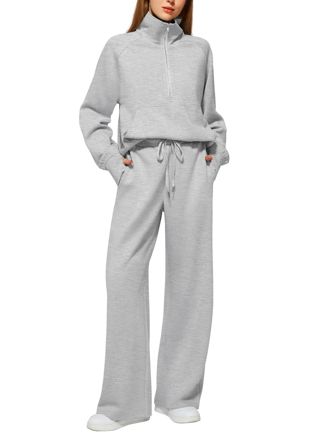 DamenSportliches Sweatshirt-Set mit hoher Kragen und weiten Beinen Drune