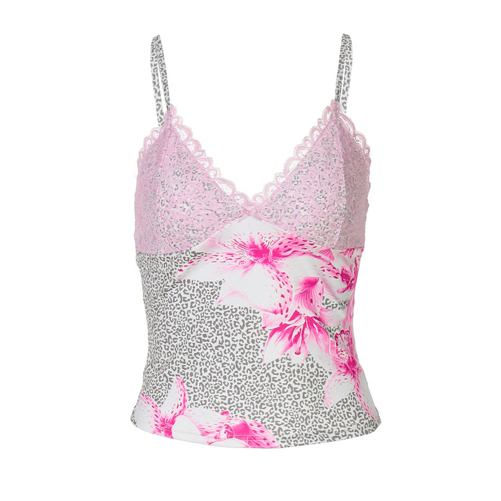 Damen Spaghettiträger Top mit Blumenmuster und Spitze Drune