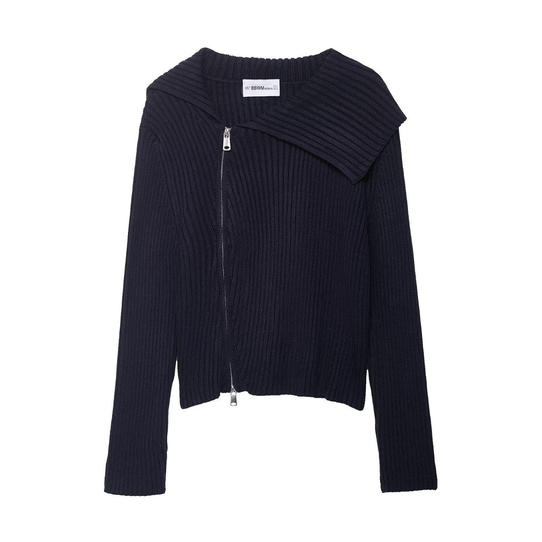 Damen modische Strickjacke mit asymmetrischem Kragen und Reißverschluss Drune