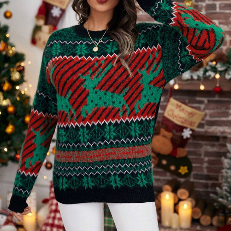 Damen festlicher Weihnachts-Strickpullover mit Raubtier-Muster und lässigem Schnitt Drune