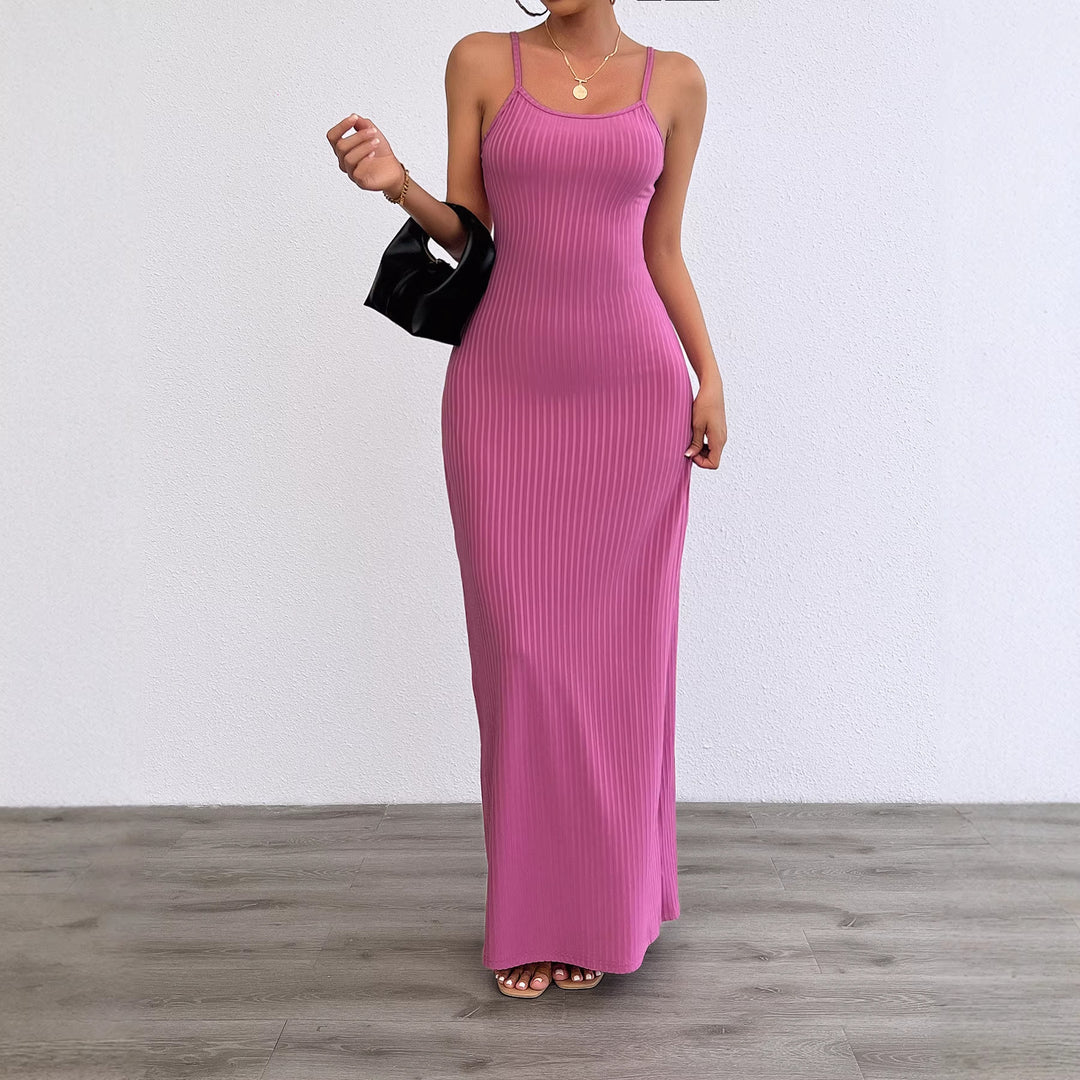 Damen Langes, figurbetontes Kleid mit feinen Rippen und Spaghettiträgern Drune