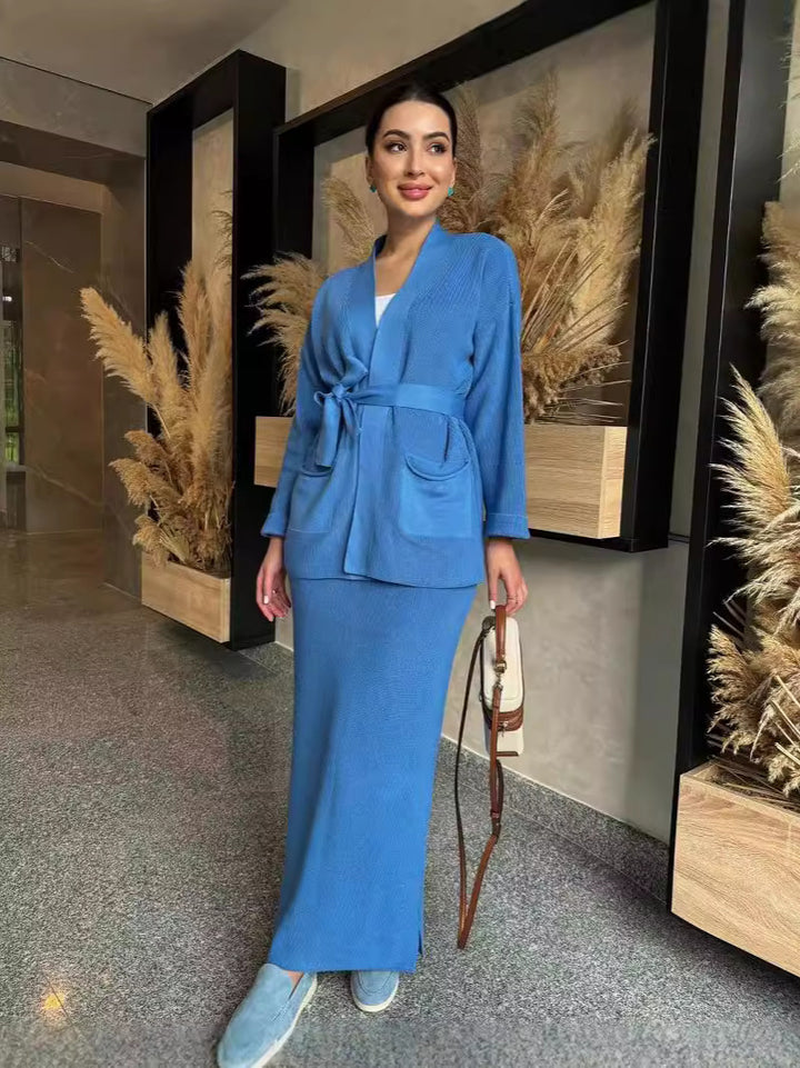 Damen elegantes Bleistiftkleid mit modischer Blazerjacke und praktischen Taschen Drune