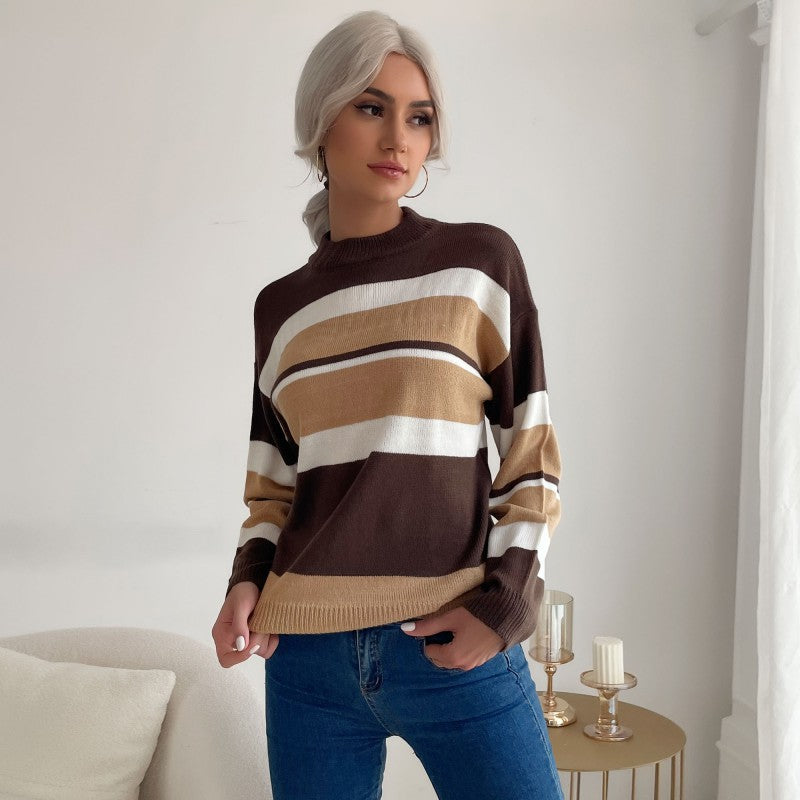 Damen modischer Strickpullover mit farbigem Streifenmuster und hohem Kragen Drune