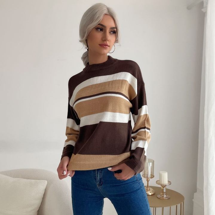Damen modischer Strickpullover mit farbigem Streifenmuster und hohem Kragen Drune