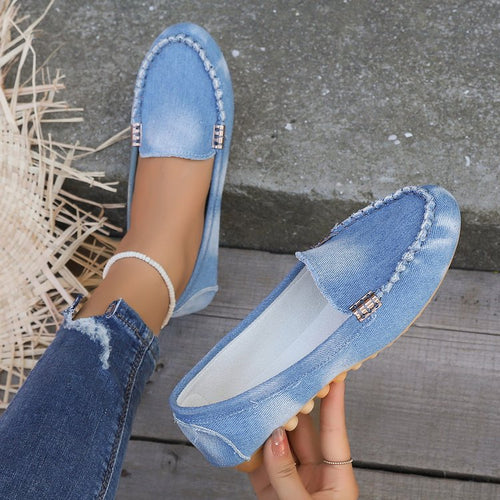 Damen nan lässige Denim-Mokassin-Slipper mit elastischem Einstieg und rutschfester Gummisohle Drune