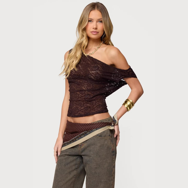 Damen Spitzenbluse mit asymmetrischem Design und lockerer Passform Drune