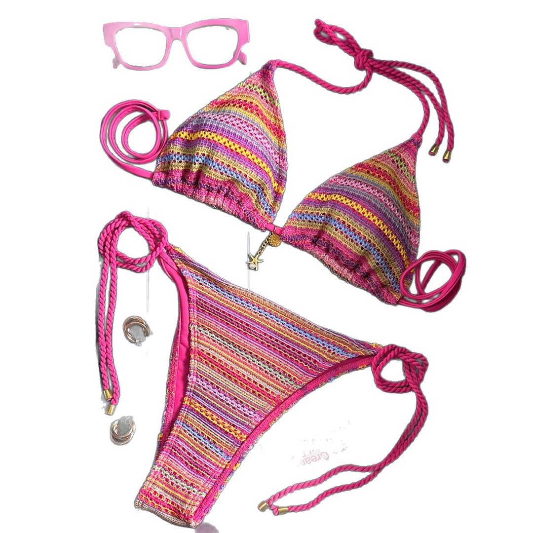 Damen Geflochtener Triangel-Bikini mit buntem Häkelmuster Drune