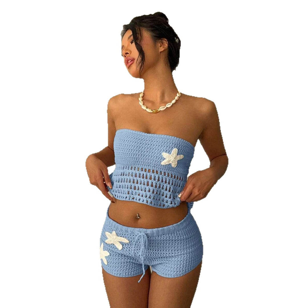 Damen gehäkeltes Strand-Set mit verstellbarem Oberteil und Shorts Drune