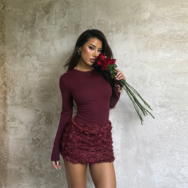 Damen elegantes Minikleid mit floralem Rosendesign und langen Ärmeln Drune