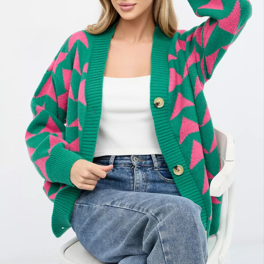Damen Strickjacke mit geometrischem Muster und knöpfbarem Design Drune