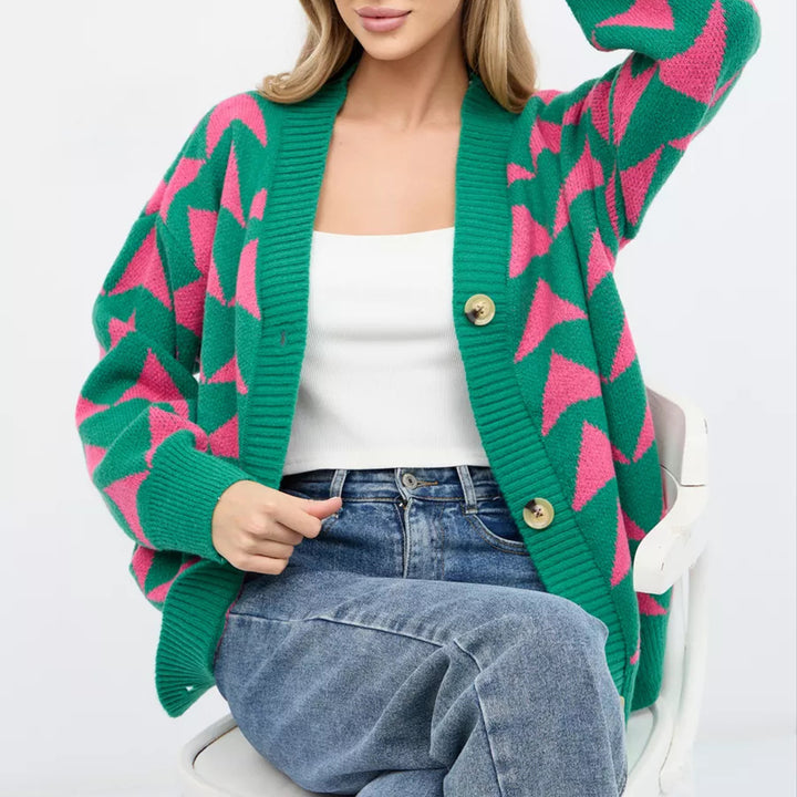 Damen Strickjacke mit geometrischem Muster und knöpfbarem Design Drune
