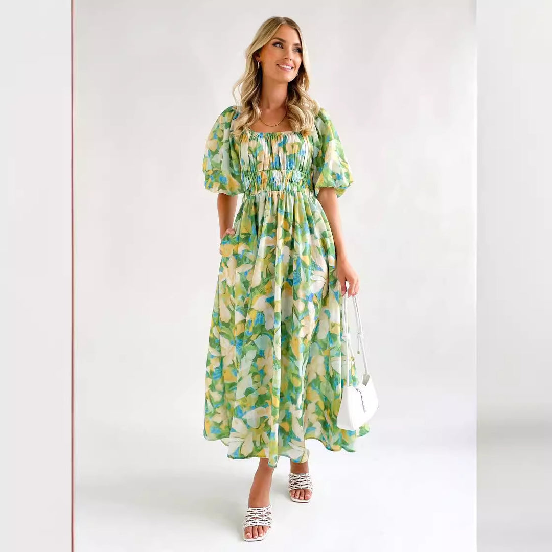 Damen Off-Shoulder Maxikleid mit floralen Mustern und elastischem Bund Drune