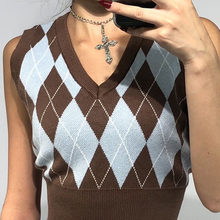 Damen cropped Stricktop mit modernem Rautenmuster Drune