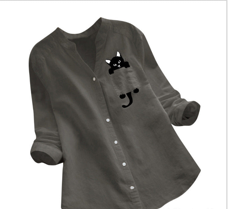 Damen trendige Bluse mit lustigem Katzenmotiv Drune